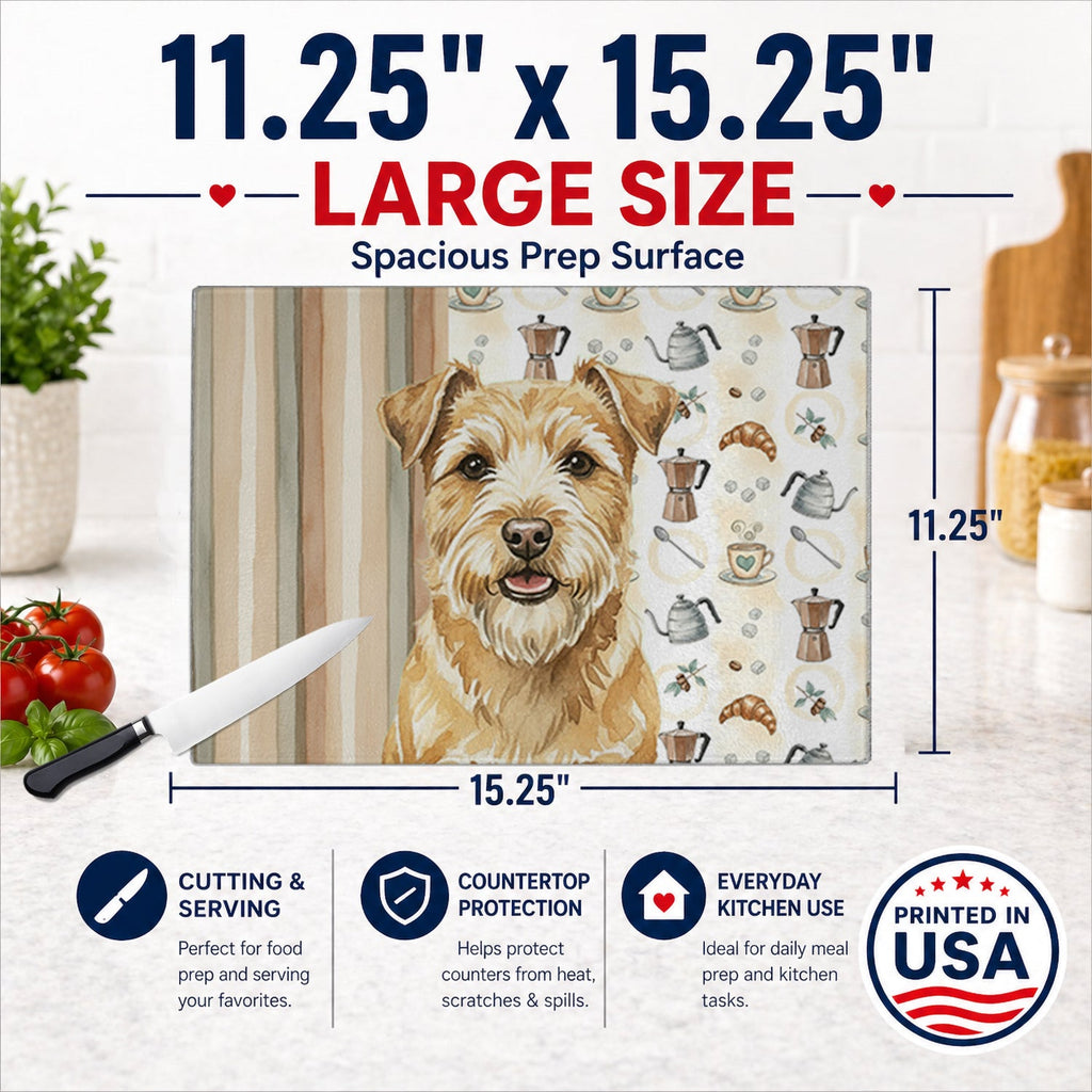 Wheaten Norfolk Terrier Coffee Bar Cutting Board Tempered Glass Kitchen Cutting Surface, Heat Resistant Chopping, Non-Slip Feet, Food Prep & Serving