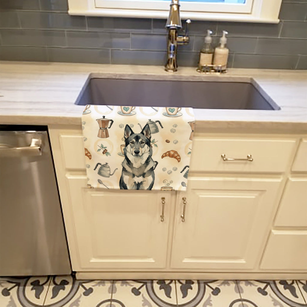 Norwegian Elkhound Coffee Bar Kitchen Towel Velour Plush Front and Cotton Loop Back Machine Washable