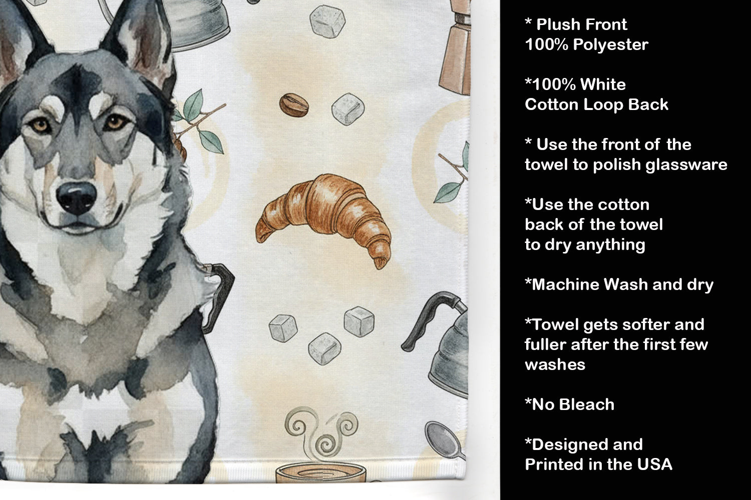 Norwegian Elkhound Coffee Bar Kitchen Towel Velour Plush Front and Cotton Loop Back Machine Washable
