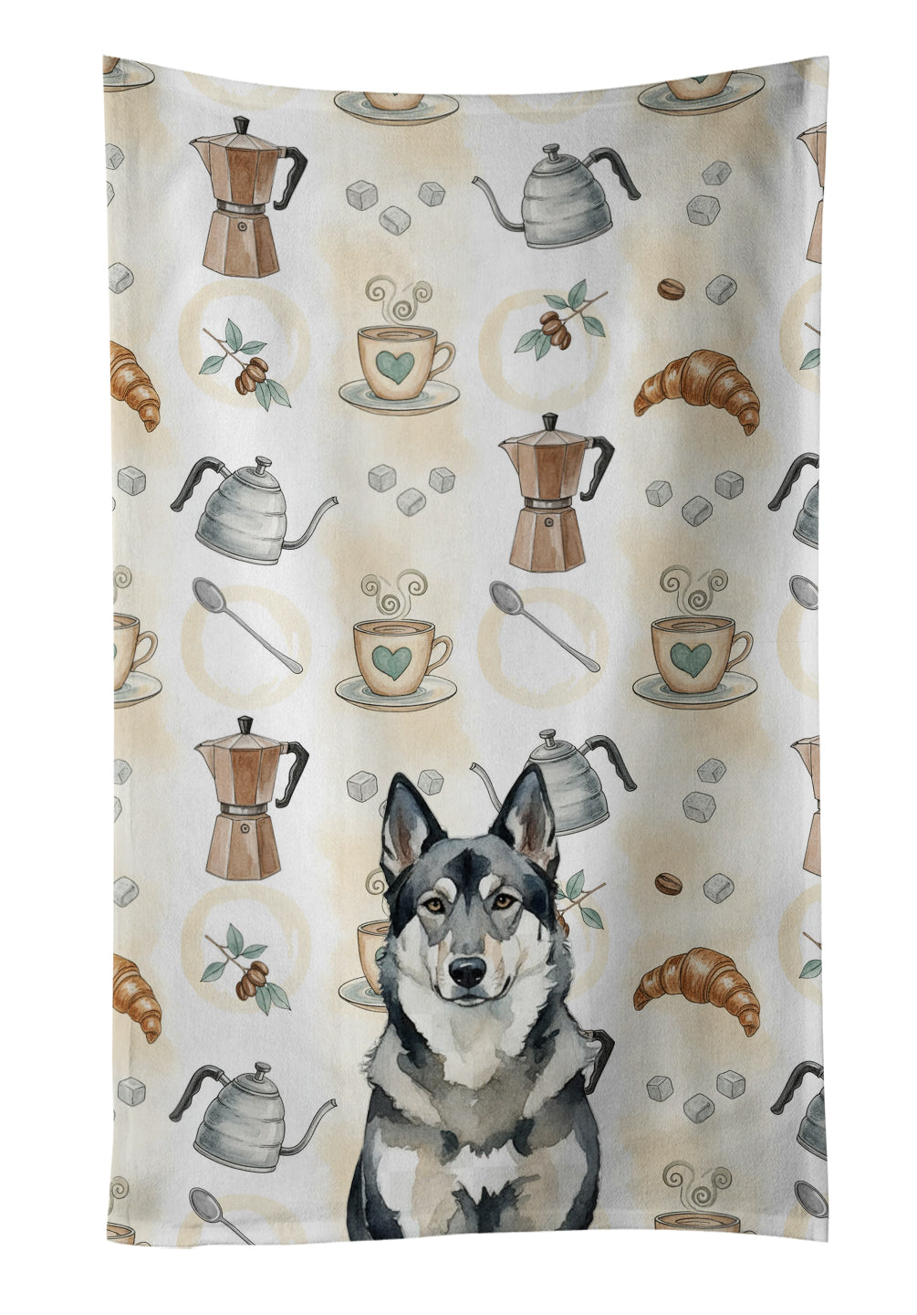 Norwegian Elkhound Coffee Bar Kitchen Towel Velour Plush Front and Cotton Loop Back Machine Washable