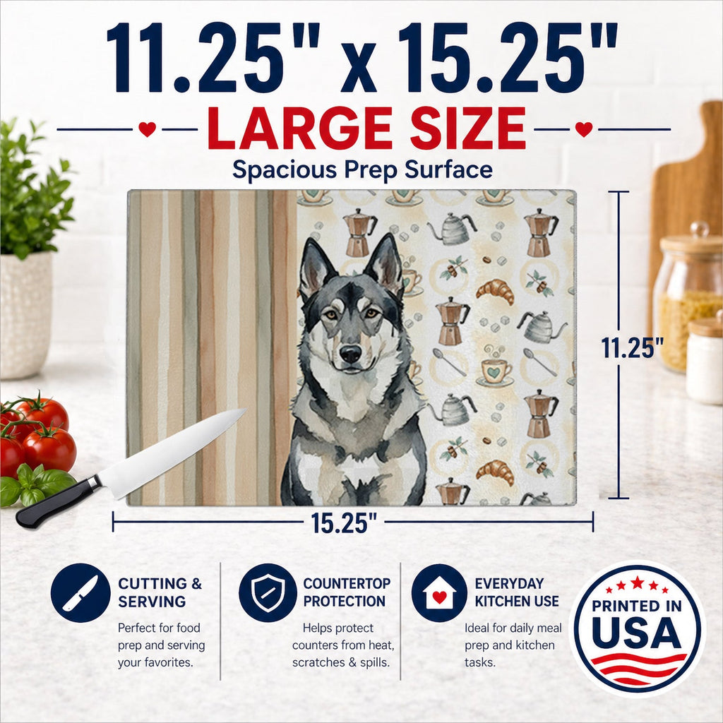 Norwegian Elkhound Coffee Bar Cutting Board Tempered Glass Kitchen Cutting Surface, Heat Resistant Chopping, Non-Slip Feet, Food Prep & Serving