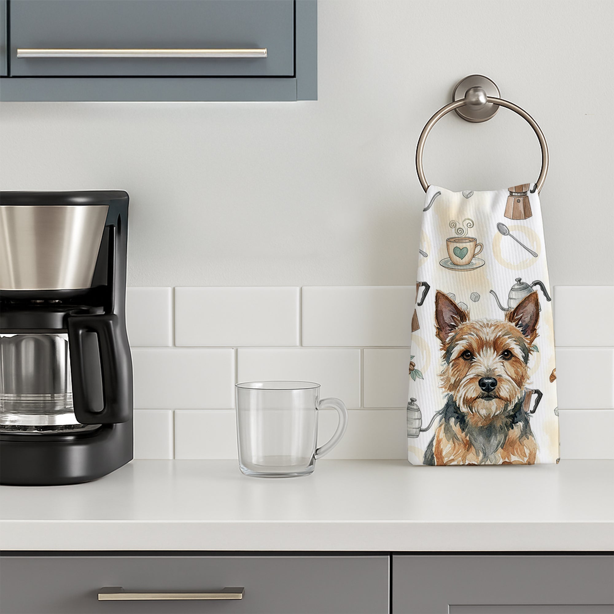 Norwich Terrier Coffee Bar Kitchen Towel Velour Plush Front and Cotton Loop Back Machine Washable