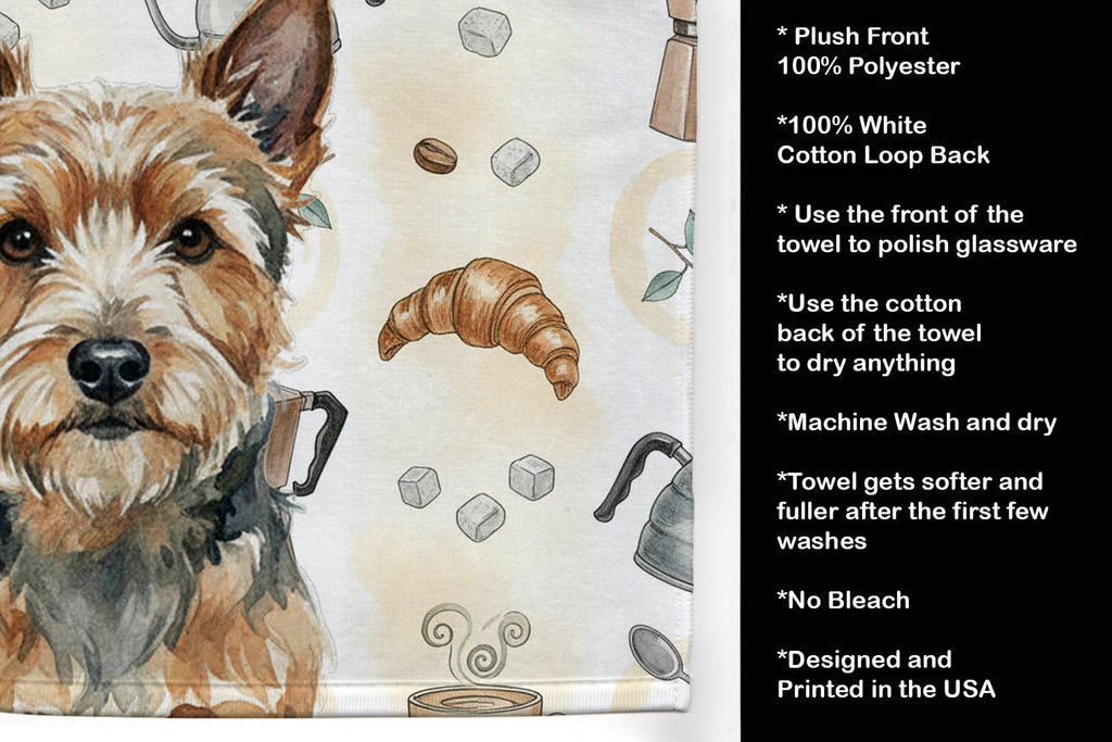Norwich Terrier Coffee Bar Kitchen Towel Velour Plush Front and Cotton Loop Back Machine Washable