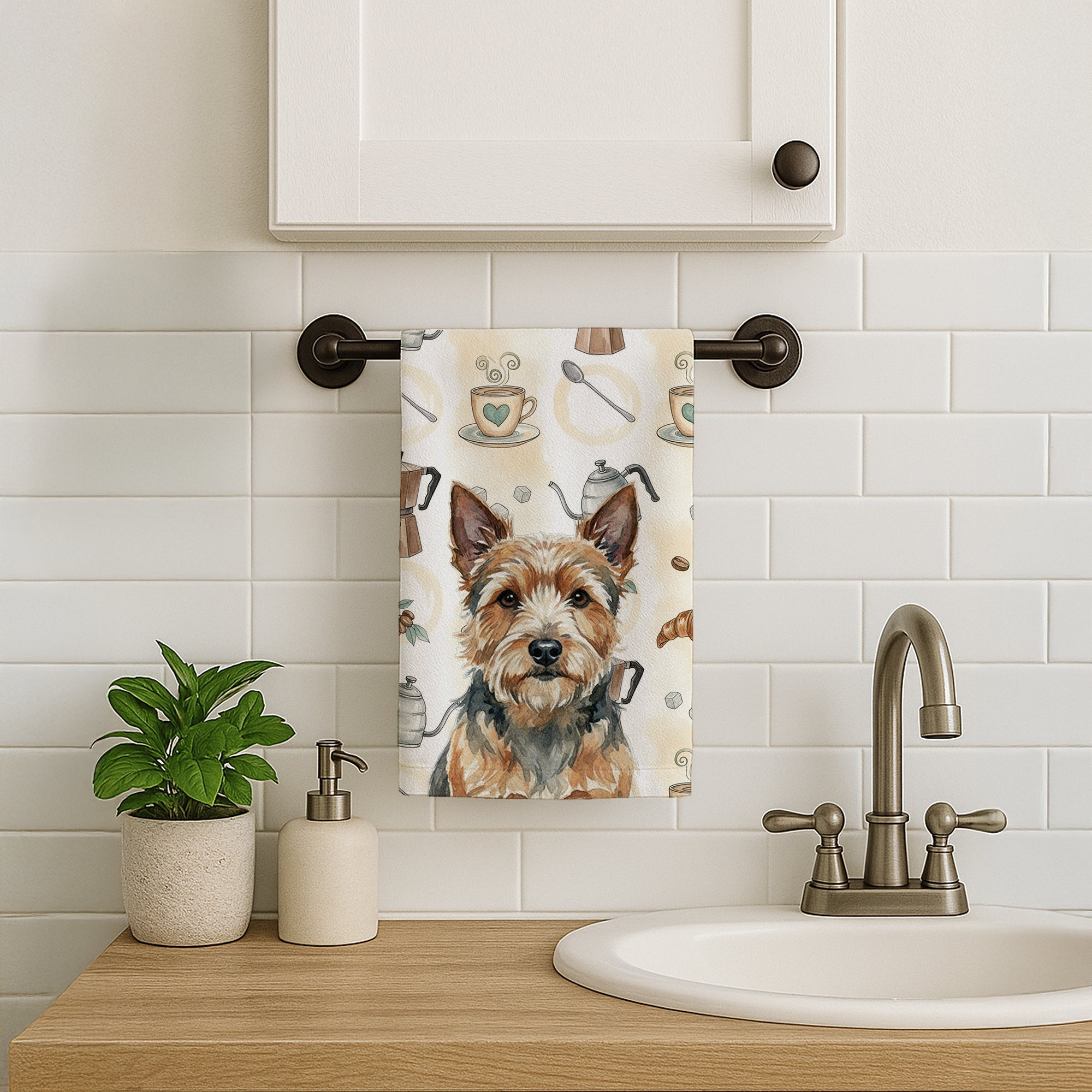 Norwich Terrier Coffee Bar Kitchen Towel Velour Plush Front and Cotton Loop Back Machine Washable