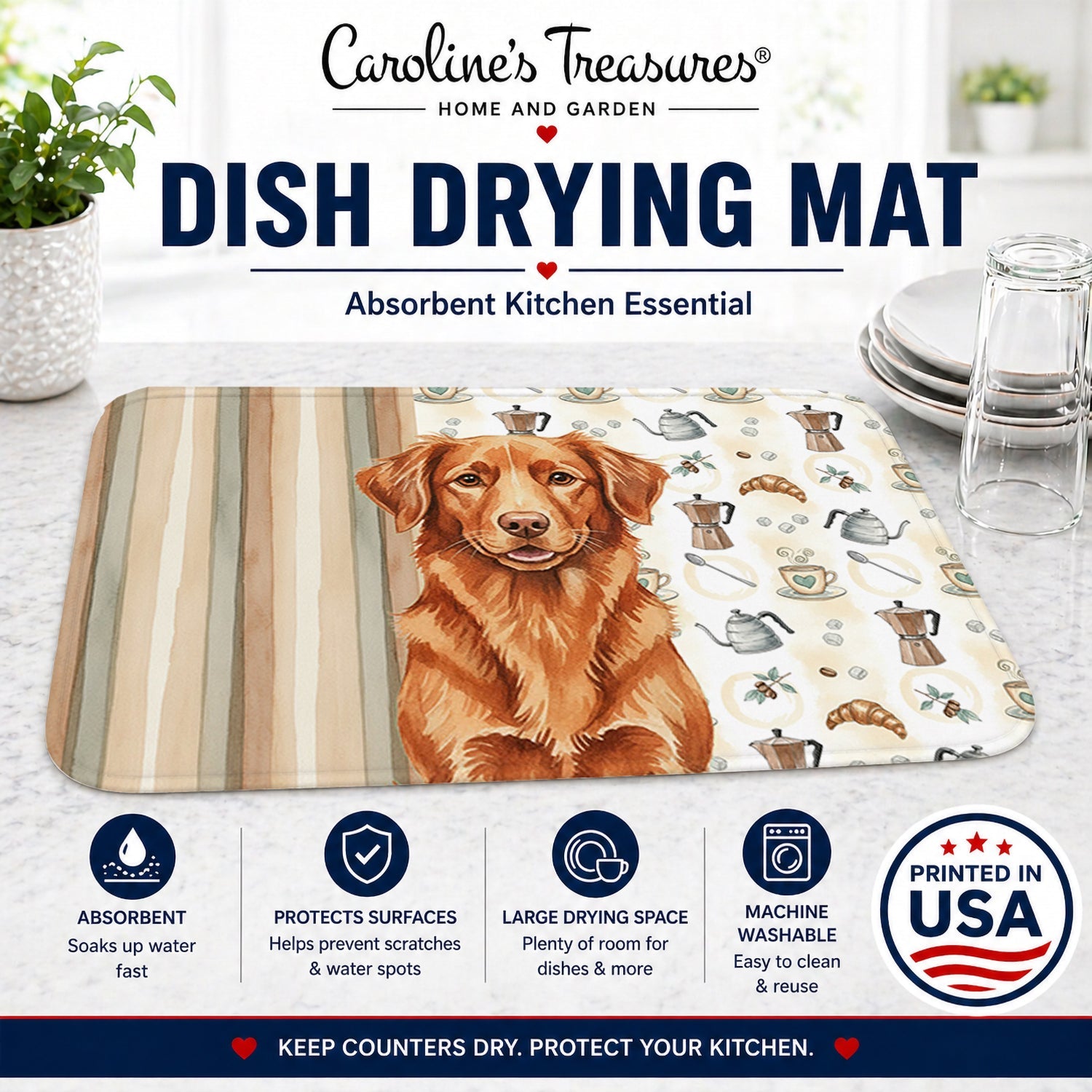 Copper Nova Scotia Duck Tolling Retriever Coffee Bar Dish Drying Mat Absorbent Dish Drying Mat Pad for Kitchen Counter Dish Drainer Mat for Countertop, 14 x 21", Multicolor