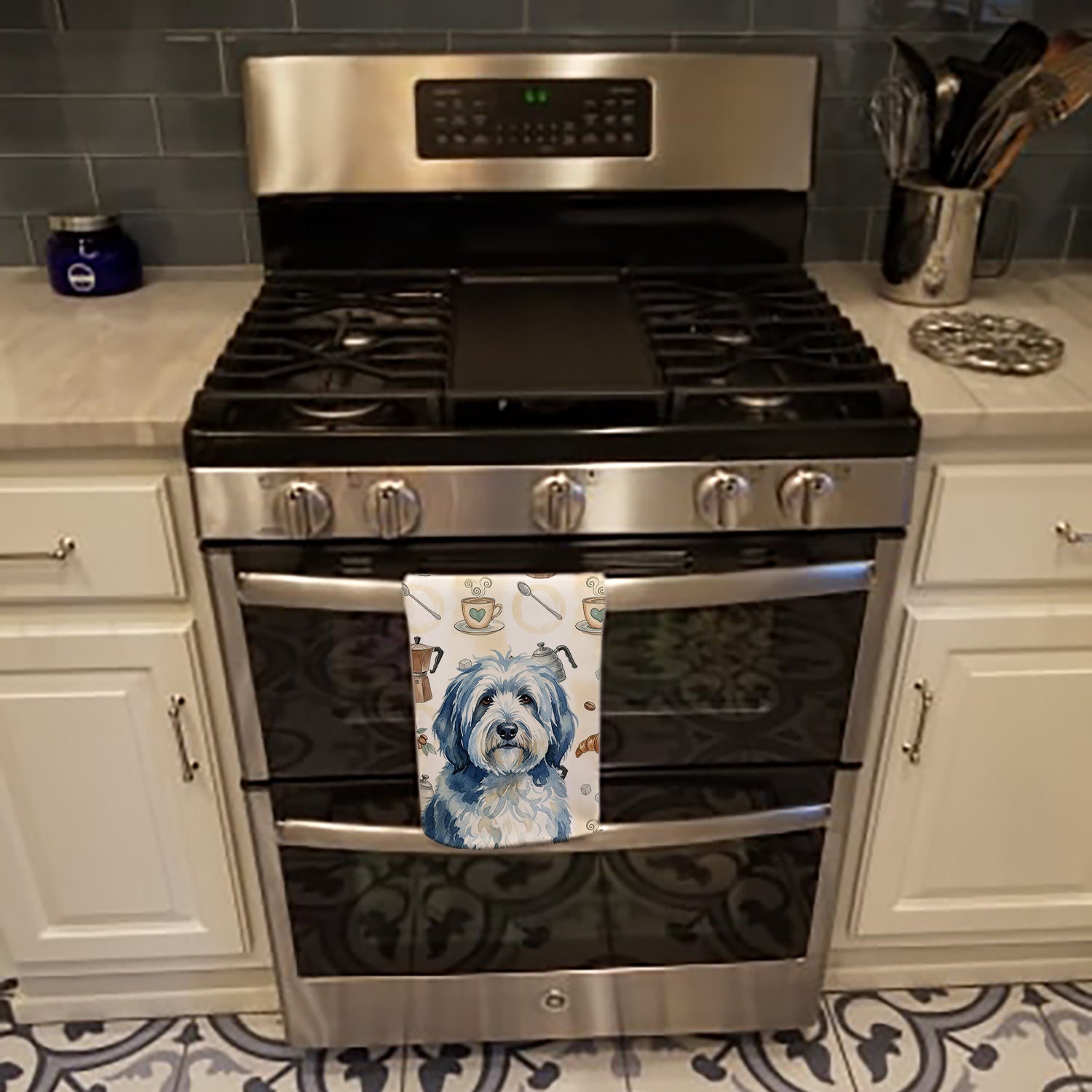 Blue and White Old English Sheepdog Coffee Bar Kitchen Towel Velour Plush Front and Cotton Loop Back Machine Washable