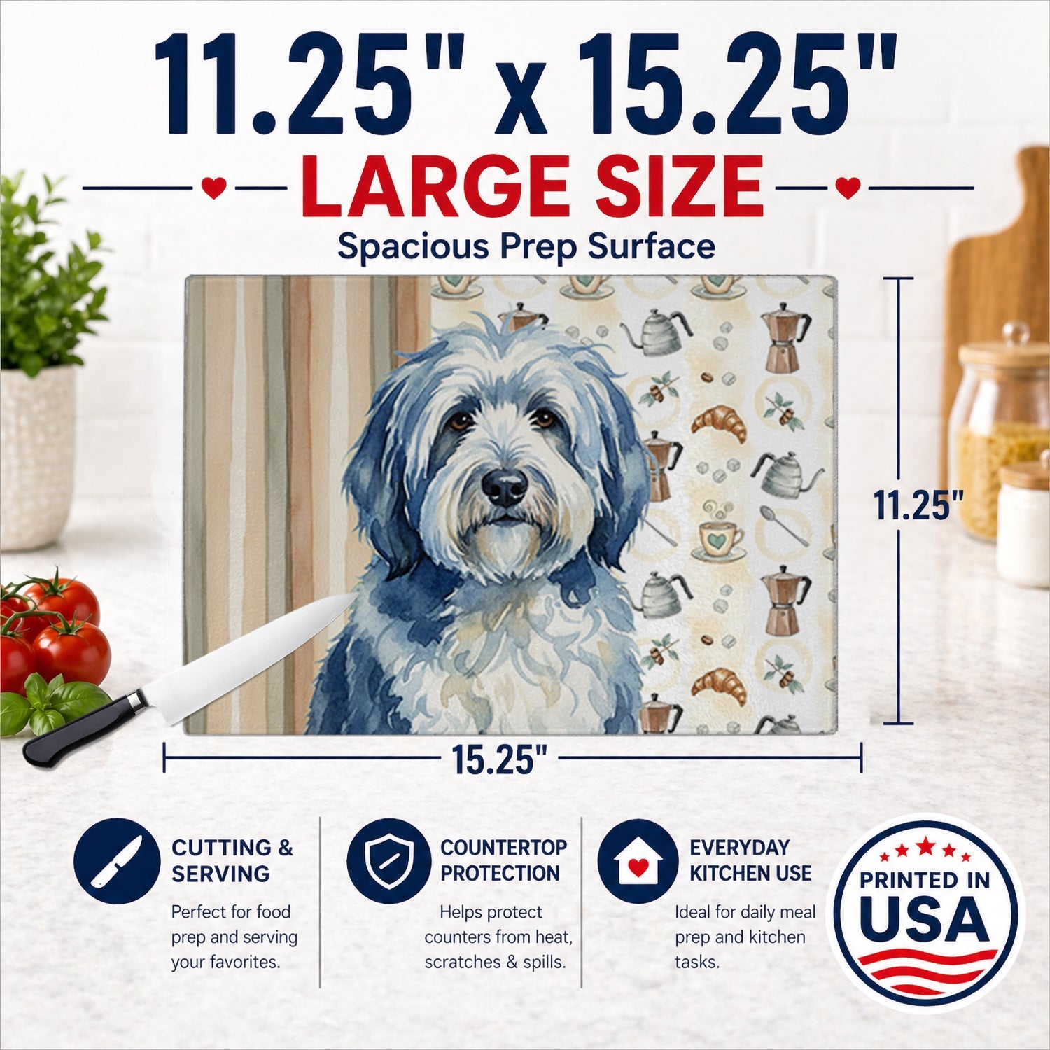 Blue and White Old English Sheepdog Coffee Bar Cutting Board Tempered Glass Kitchen Cutting Surface, Heat Resistant Chopping, Non-Slip Feet, Food Prep & Serving