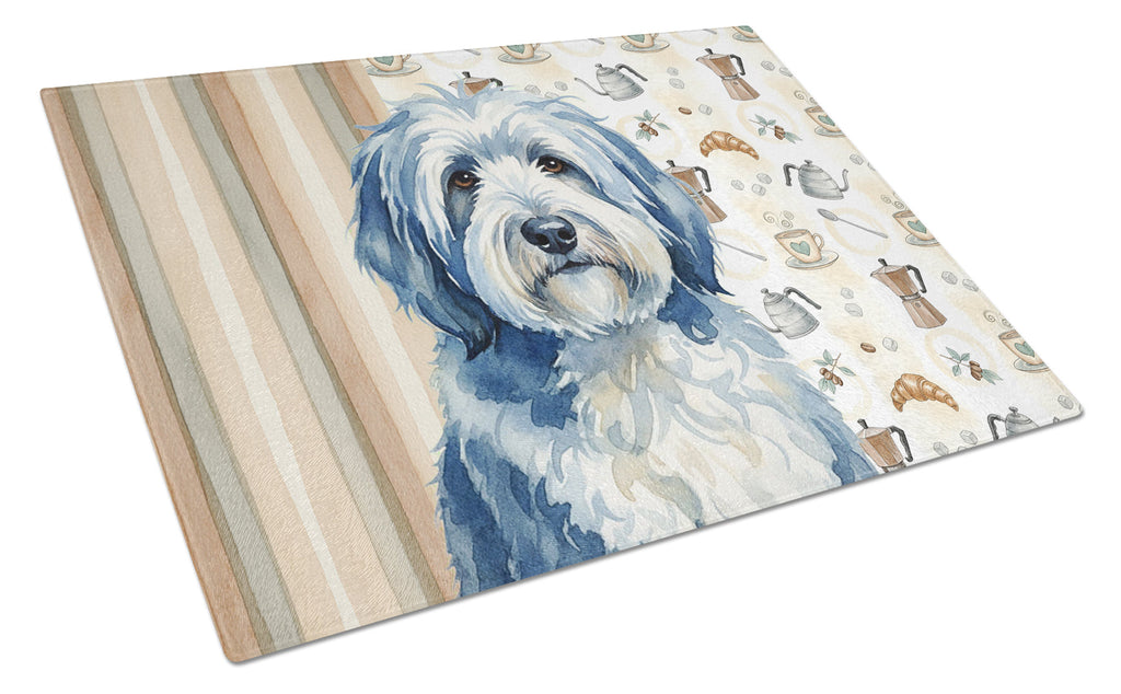 Blue and White Old English Sheepdog Coffee Bar Cutting Board Tempered Glass Kitchen Cutting Surface, Heat Resistant Chopping, Non-Slip Feet, Food Prep & Serving