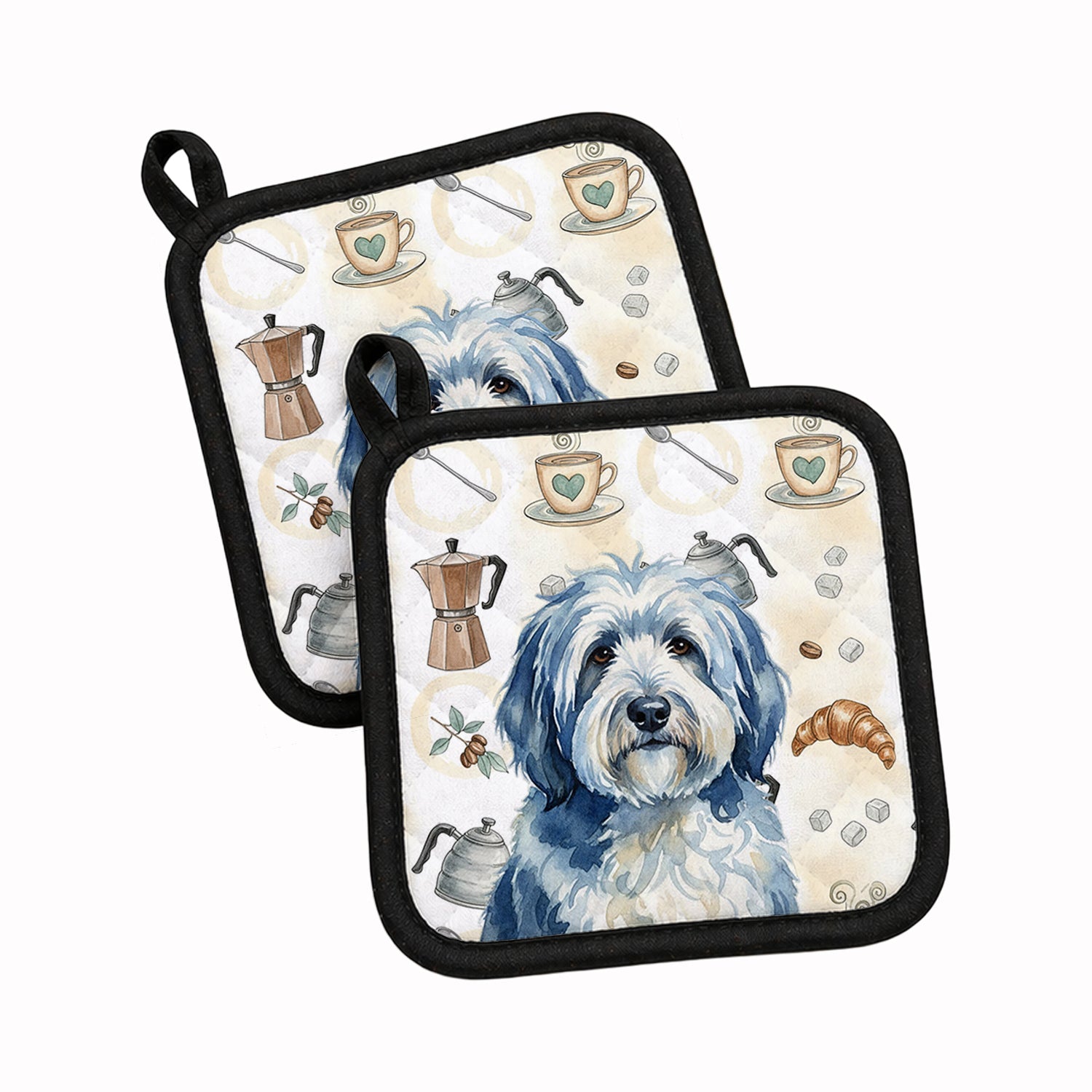 Blue and White Old English Sheepdog Coffee Bar Pot Holder Set of 2 Heat Resistant Quilted Hot Pads 7.5 x 7.5 Inch, Insulated Kitchen Trivets for Cooking & Baking