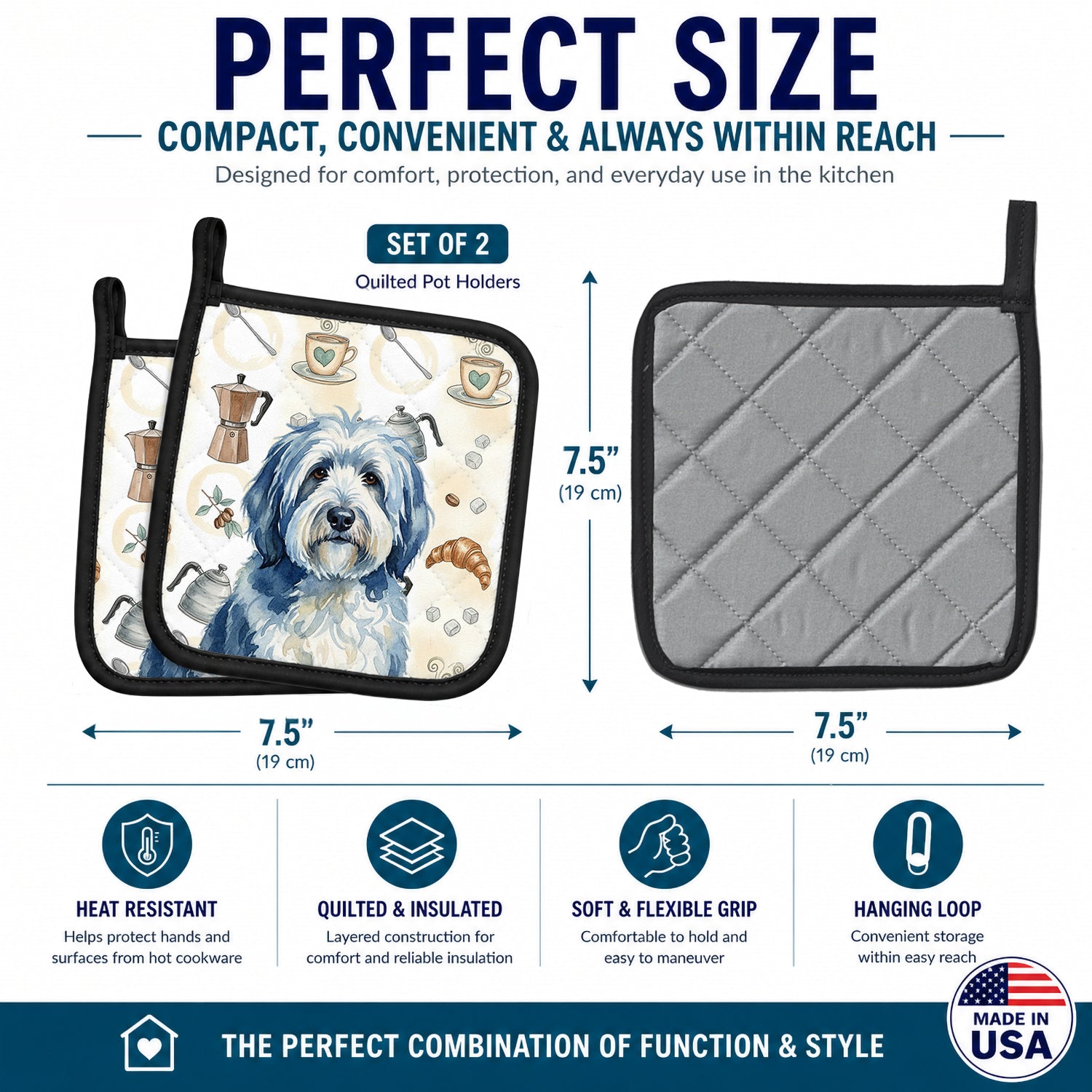Blue and White Old English Sheepdog Coffee Bar Pot Holder Set of 2 Heat Resistant Quilted Hot Pads 7.5 x 7.5 Inch, Insulated Kitchen Trivets for Cooking & Baking
