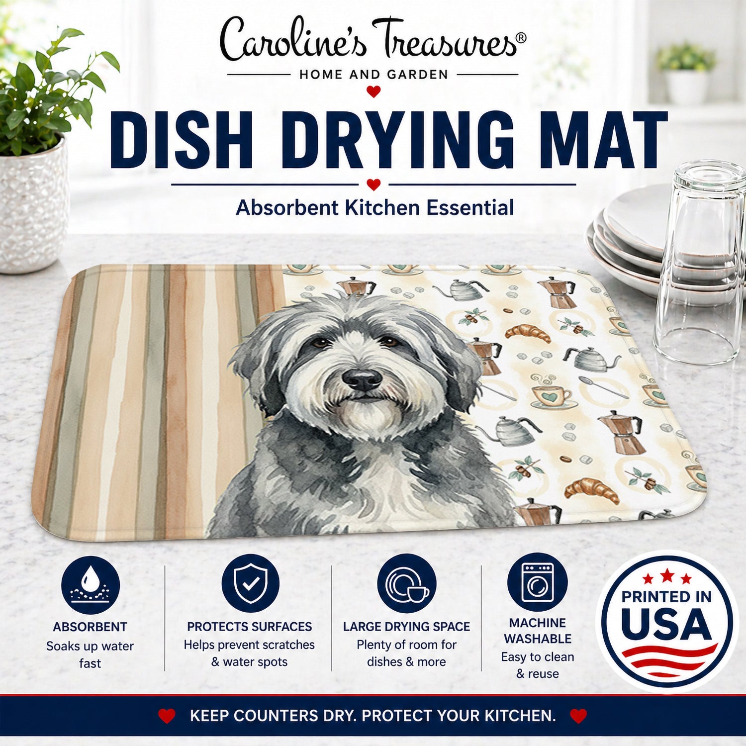 Gray and White Old English Sheepdog Coffee Bar Dish Drying Mat Absorbent Dish Drying Mat Pad for Kitchen Counter Dish Drainer Mat for Countertop, 14 x 21", Multicolor