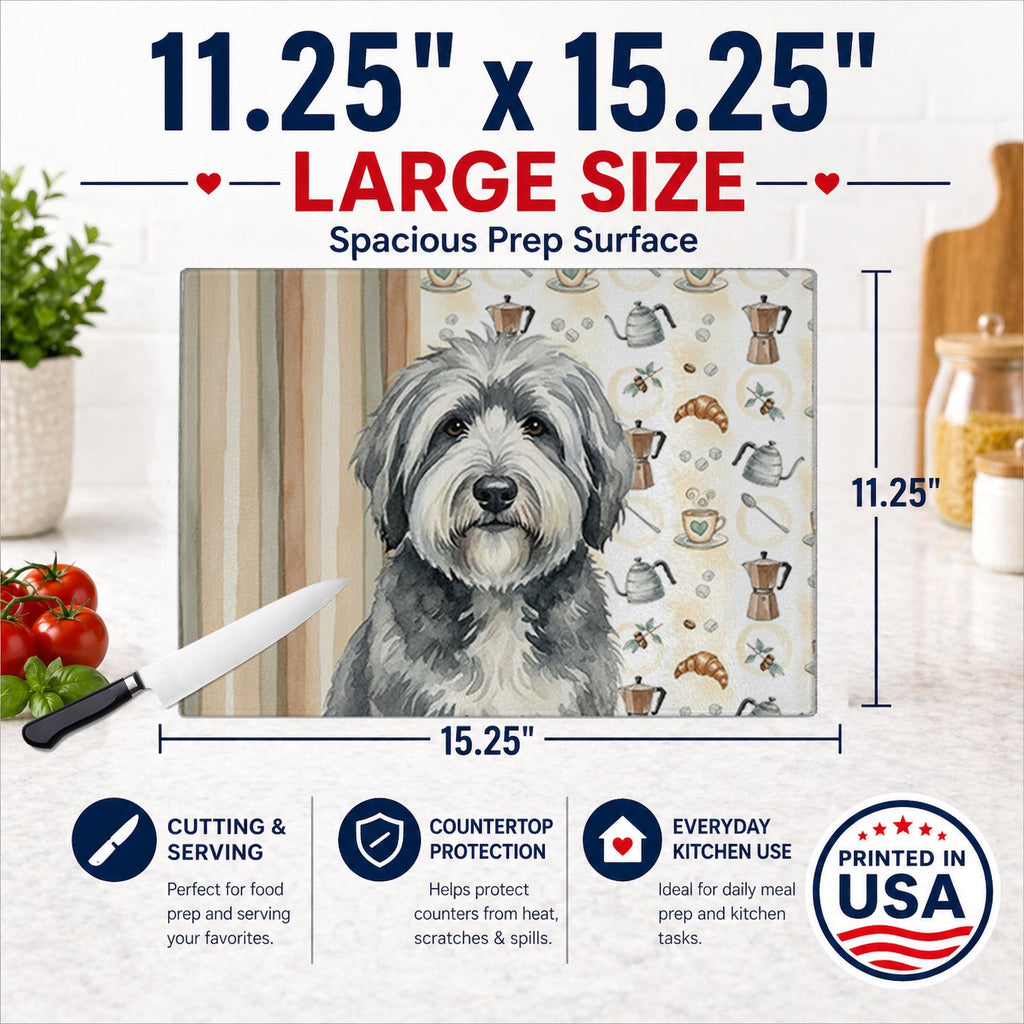 Gray and White Old English Sheepdog Coffee Bar Cutting Board Tempered Glass Kitchen Cutting Surface, Heat Resistant Chopping, Non-Slip Feet, Food Prep & Serving