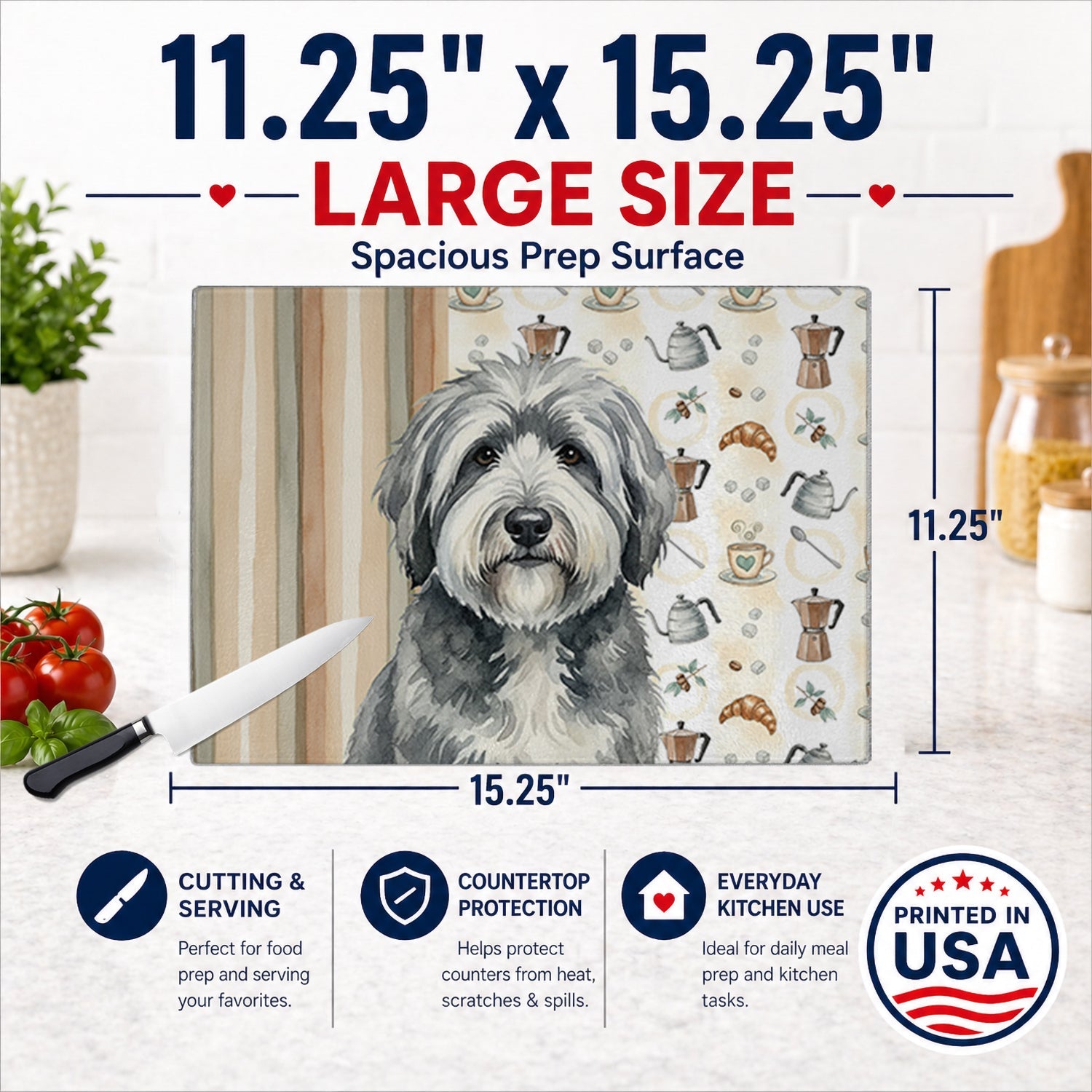 Gray and White Old English Sheepdog Coffee Bar Cutting Board Tempered Glass Kitchen Cutting Surface, Heat Resistant Chopping, Non-Slip Feet, Food Prep & Serving