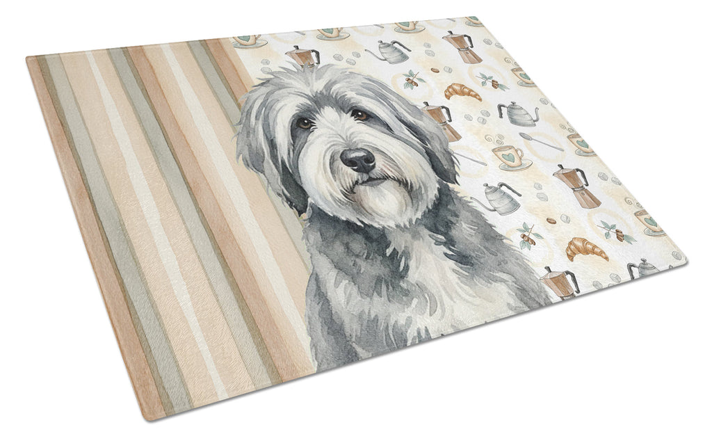 Gray and White Old English Sheepdog Coffee Bar Cutting Board Tempered Glass Kitchen Cutting Surface, Heat Resistant Chopping, Non-Slip Feet, Food Prep & Serving