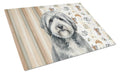 Gray and White Old English Sheepdog Coffee Bar Cutting Board Tempered Glass Kitchen Cutting Surface, Heat Resistant Chopping, Non-Slip Feet, Food Prep & Serving