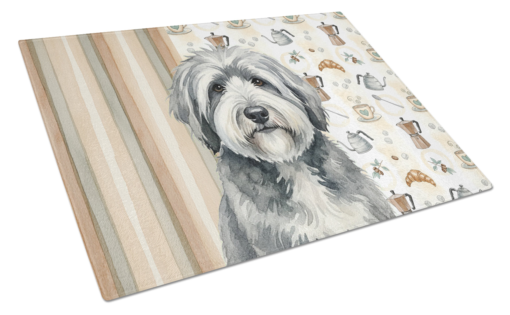 Gray and White Old English Sheepdog Coffee Bar Cutting Board Tempered Glass Kitchen Cutting Surface, Heat Resistant Chopping, Non-Slip Feet, Food Prep & Serving