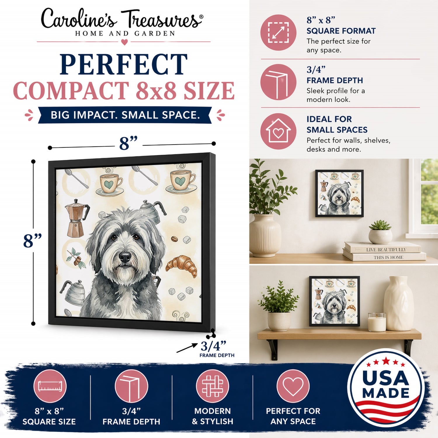 Gray and White Old English Sheepdog Coffee Bar Framed Metal Print Bathroom, Kitchen, Office, Home Decor Wall Art Ready to Hang, Square, 8X8