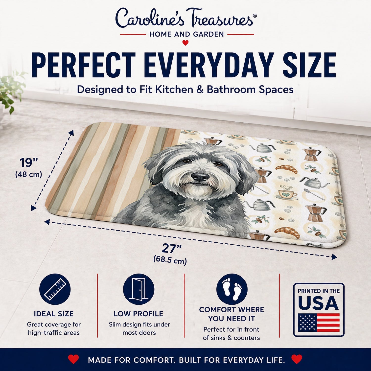 Gray and White Old English Sheepdog Coffee Bar Memory Foam Kitchen Mat Machine Washable Anti-Fatigue Cushion Comfort Bath or Kitchen Rug