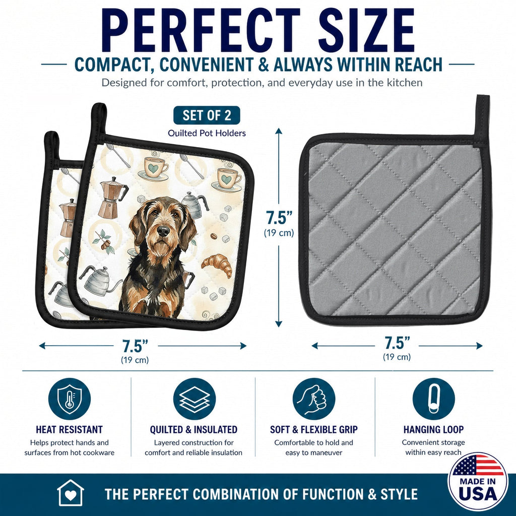 Black and Tan Otterhound Coffee Bar Pot Holder Set of 2 Heat Resistant Quilted Hot Pads 7.5 x 7.5 Inch, Insulated Kitchen Trivets for Cooking & Baking