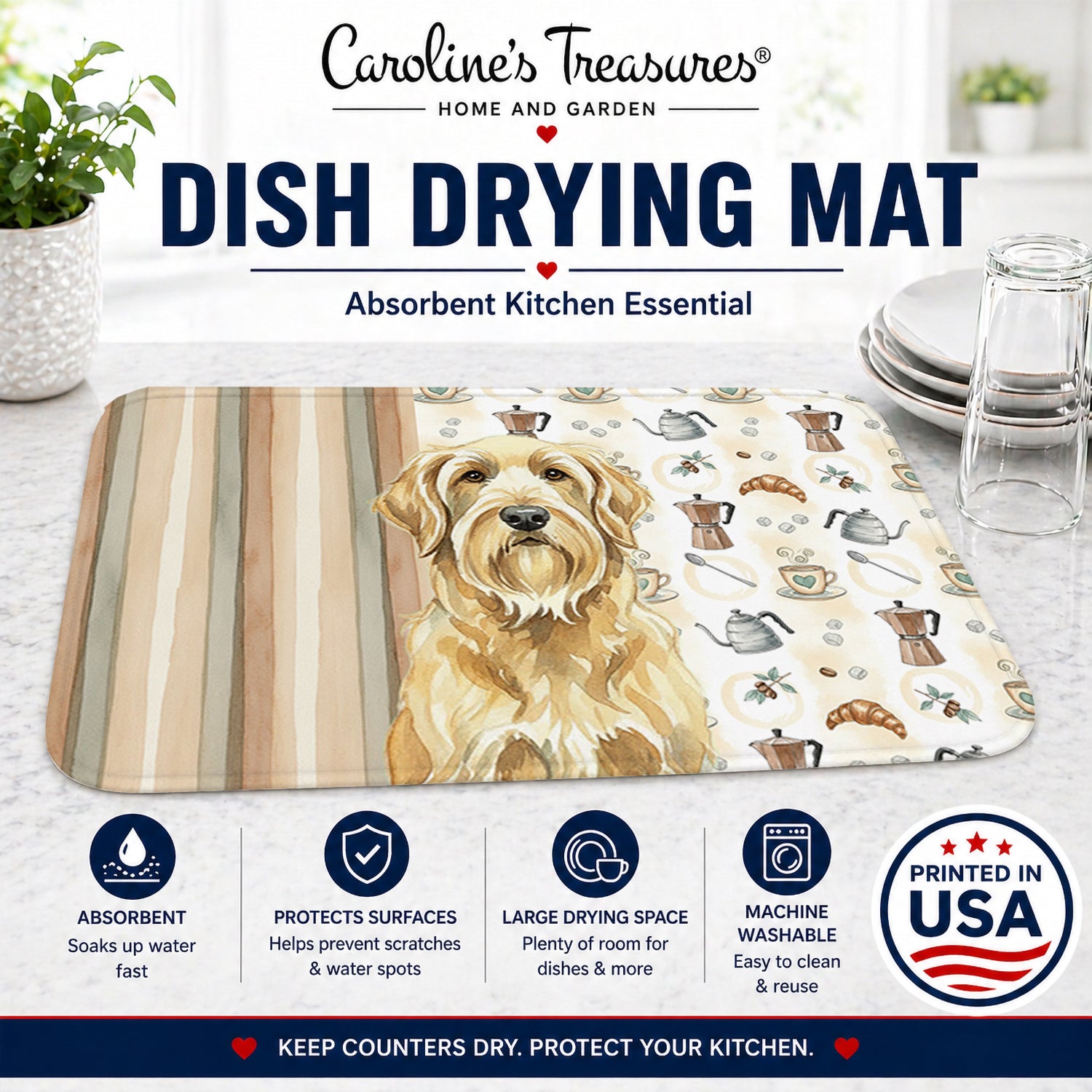 Wheaten and Tan Otterhound Coffee Bar Dish Drying Mat Absorbent Dish Drying Mat Pad for Kitchen Counter Dish Drainer Mat for Countertop, 14 x 21", Multicolor