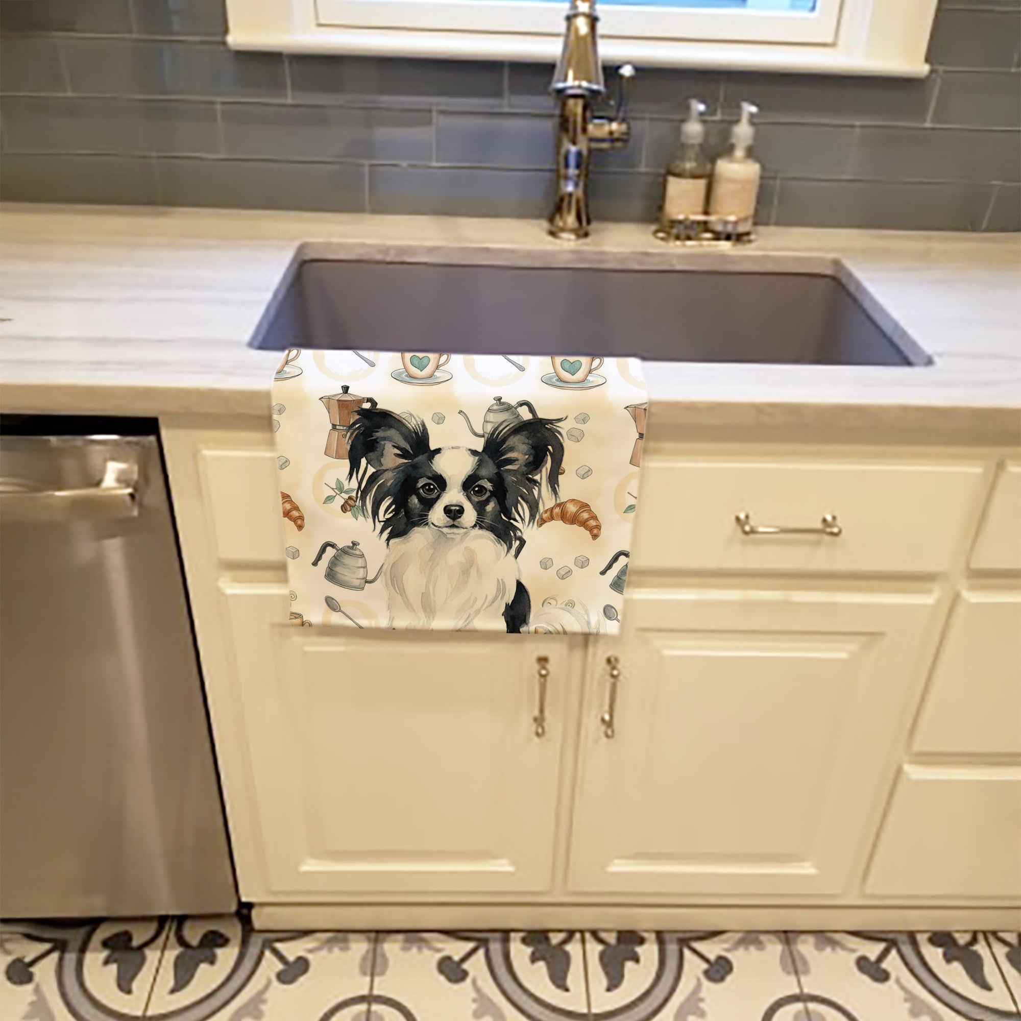 Black and White Papillon Coffee Bar Kitchen Towel Velour Plush Front and Cotton Loop Back Machine Washable
