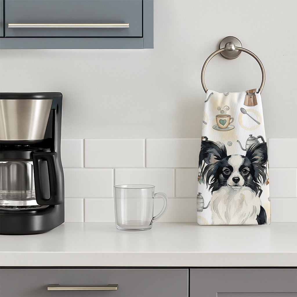 Black and White Papillon Coffee Bar Kitchen Towel Velour Plush Front and Cotton Loop Back Machine Washable
