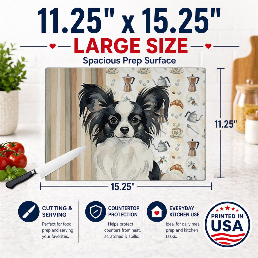Black and White Papillon Coffee Bar Cutting Board Tempered Glass Kitchen Cutting Surface, Heat Resistant Chopping, Non-Slip Feet, Food Prep & Serving