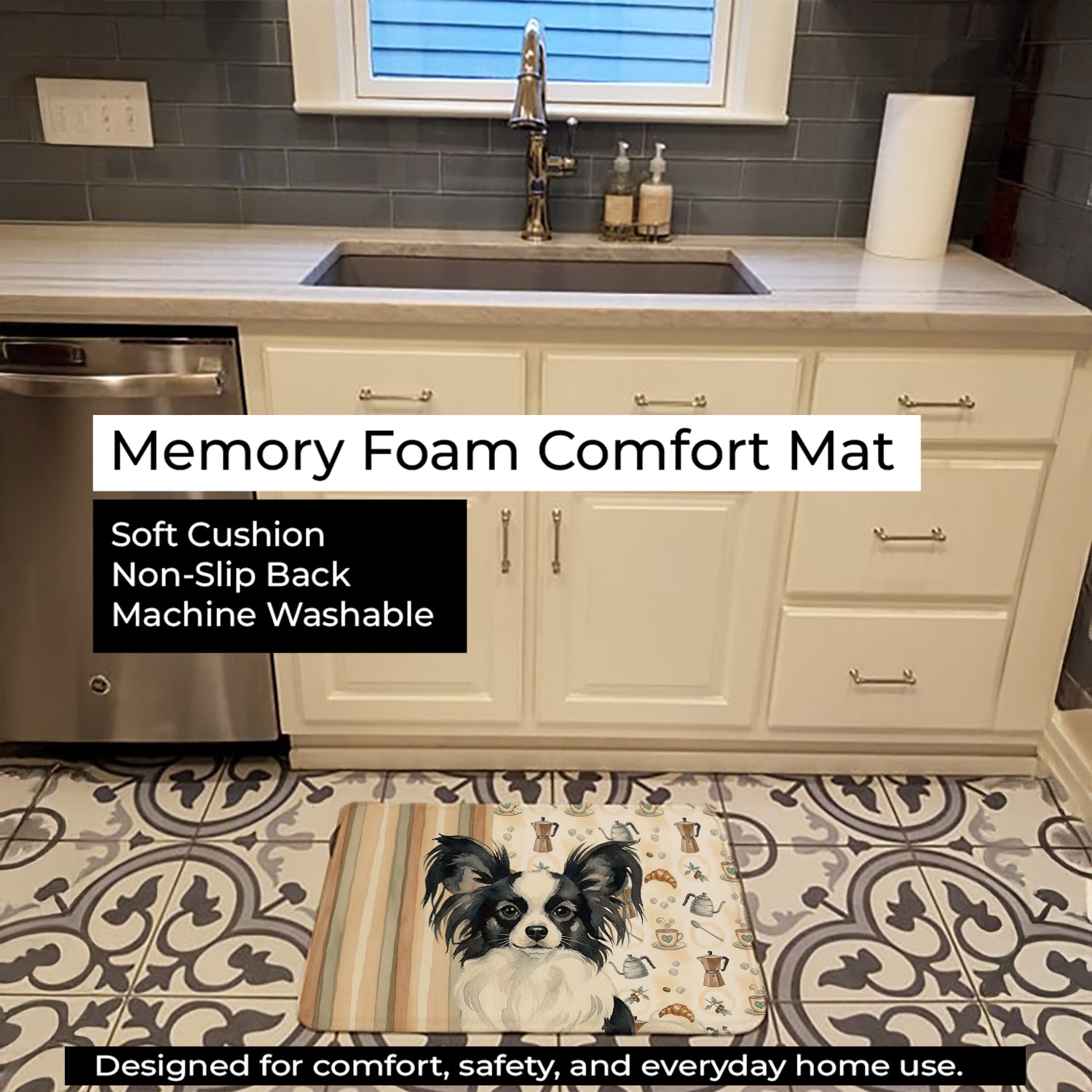 Black and White Papillon Coffee Bar Memory Foam Kitchen Mat Machine Washable Anti-Fatigue Cushion Comfort Bath or Kitchen Rug