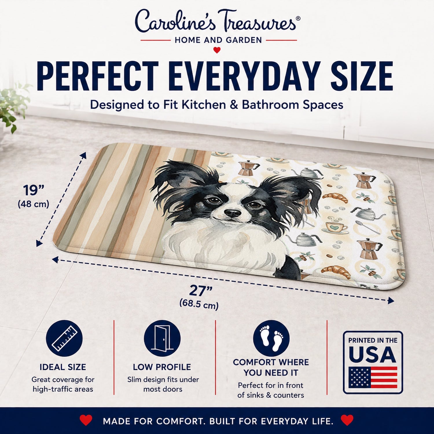 Black and White Papillon Coffee Bar Memory Foam Kitchen Mat Machine Washable Anti-Fatigue Cushion Comfort Bath or Kitchen Rug