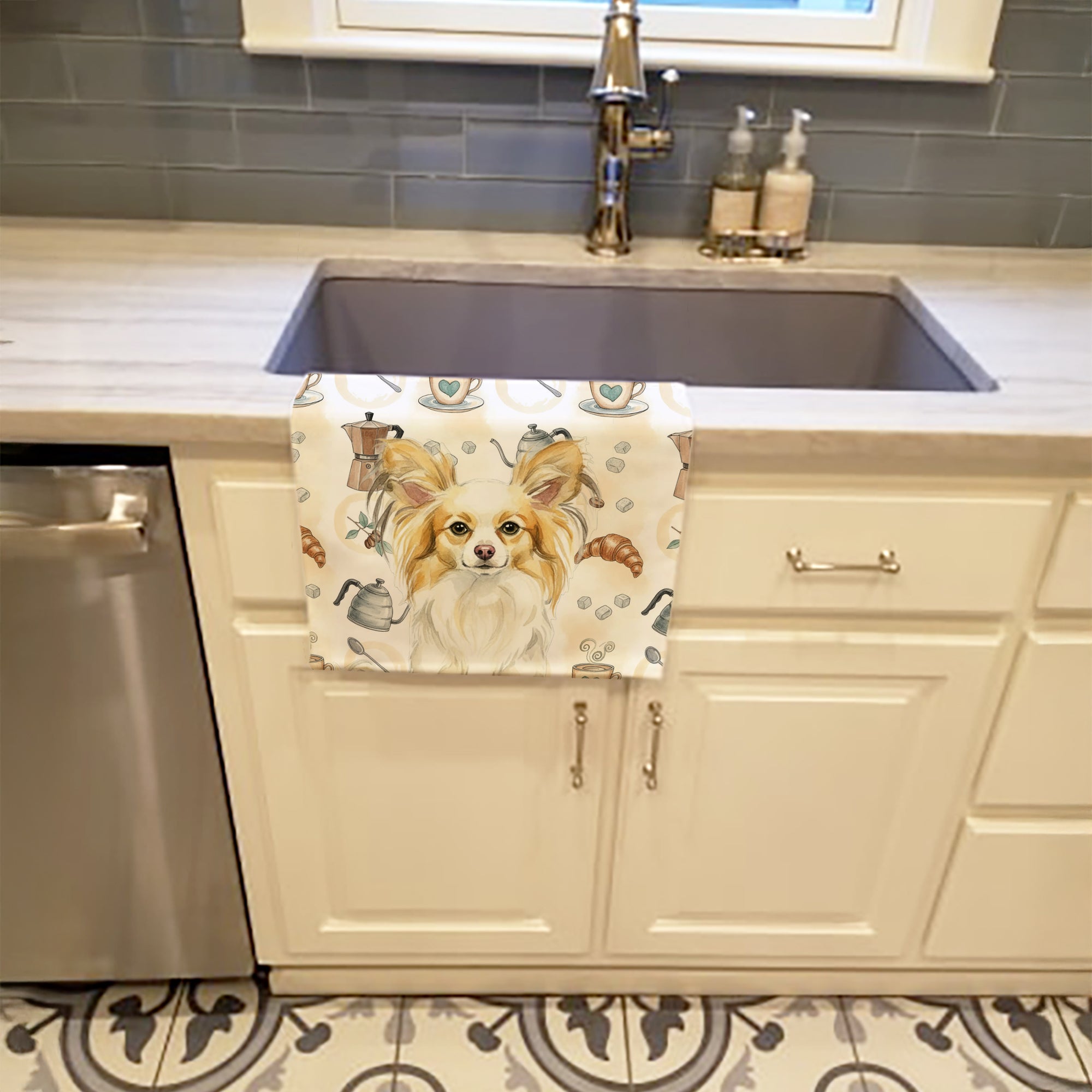 Lemon and White Papillon Coffee Bar Kitchen Towel Velour Plush Front and Cotton Loop Back Machine Washable
