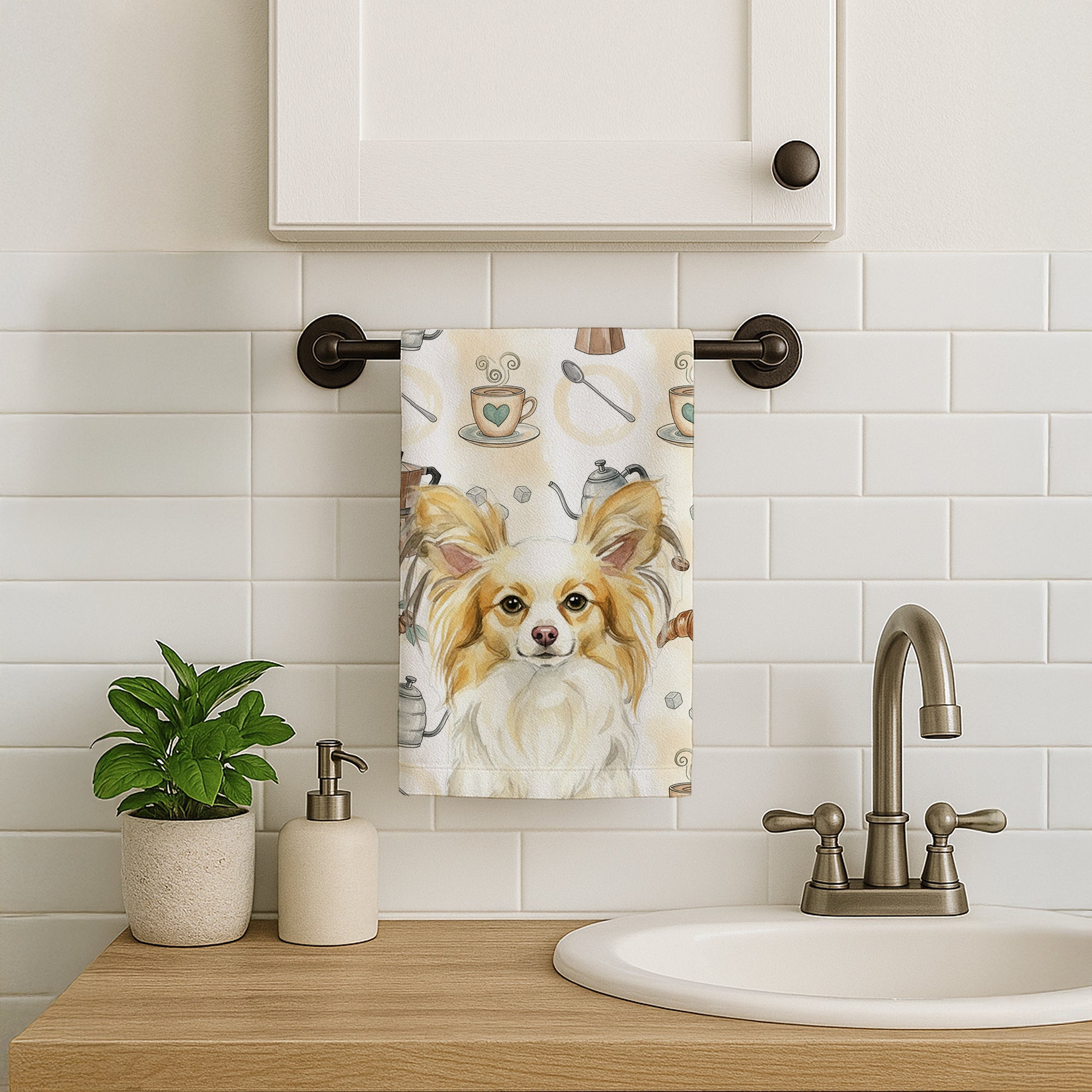 Lemon and White Papillon Coffee Bar Kitchen Towel Velour Plush Front and Cotton Loop Back Machine Washable