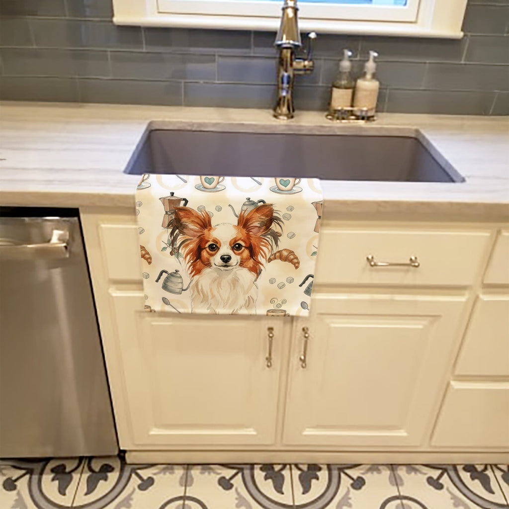 White with Red Papillon Coffee Bar Kitchen Towel Velour Plush Front and Cotton Loop Back Machine Washable