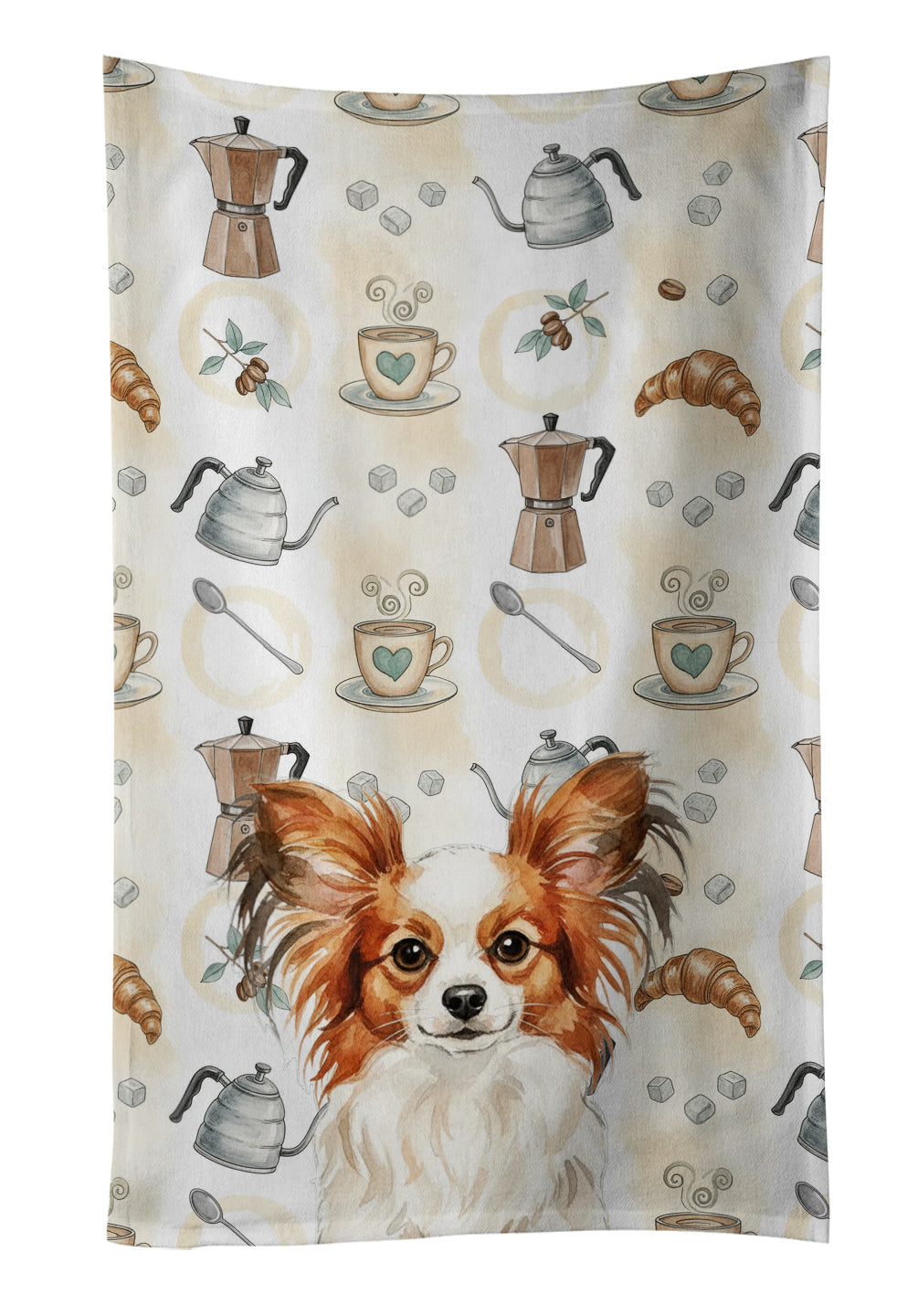 White with Red Papillon Coffee Bar Kitchen Towel Velour Plush Front and Cotton Loop Back Machine Washable