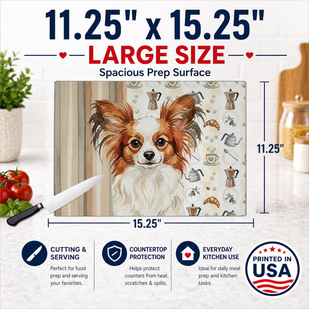 White with Red Papillon Coffee Bar Cutting Board Tempered Glass Kitchen Cutting Surface, Heat Resistant Chopping, Non-Slip Feet, Food Prep & Serving