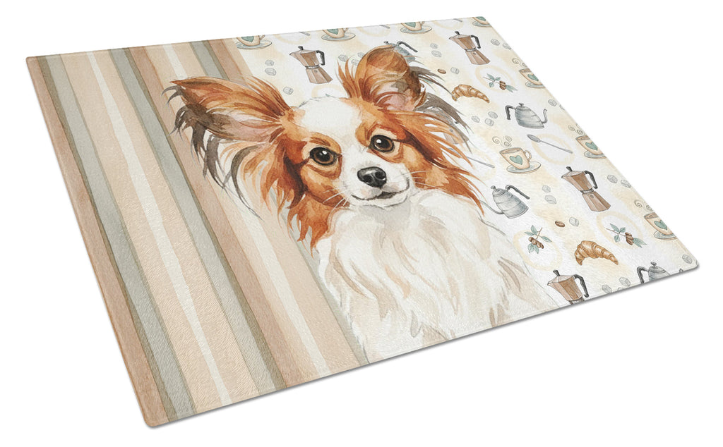 White with Red Papillon Coffee Bar Cutting Board Tempered Glass Kitchen Cutting Surface, Heat Resistant Chopping, Non-Slip Feet, Food Prep & Serving