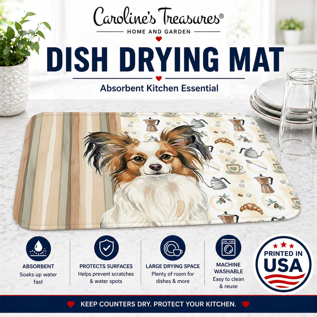 White with Sable Papillon Coffee Bar Dish Drying Mat Absorbent Dish Drying Mat Pad for Kitchen Counter Dish Drainer Mat for Countertop, 14 x 21", Multicolor