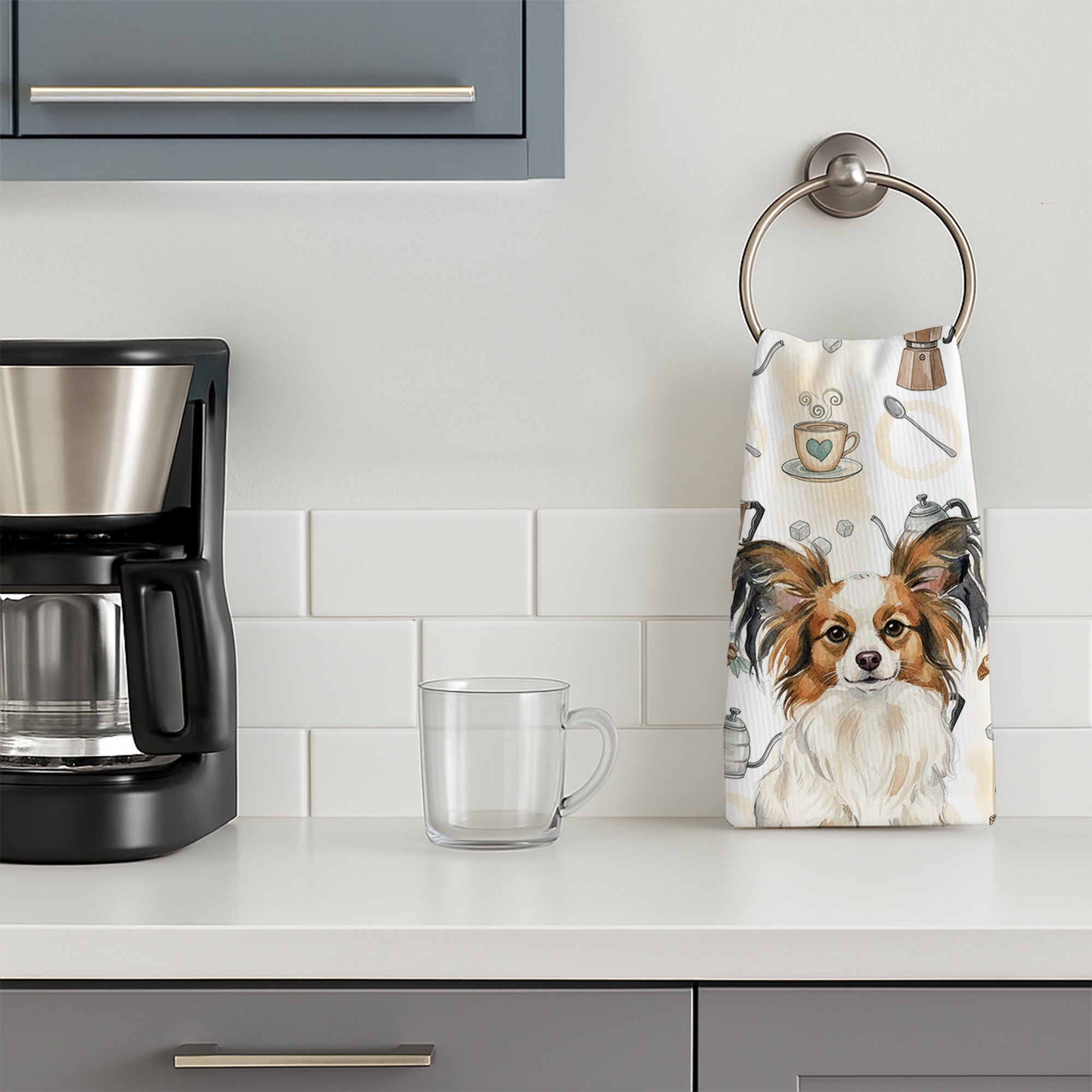 White with Sable Papillon Coffee Bar Kitchen Towel Velour Plush Front and Cotton Loop Back Machine Washable
