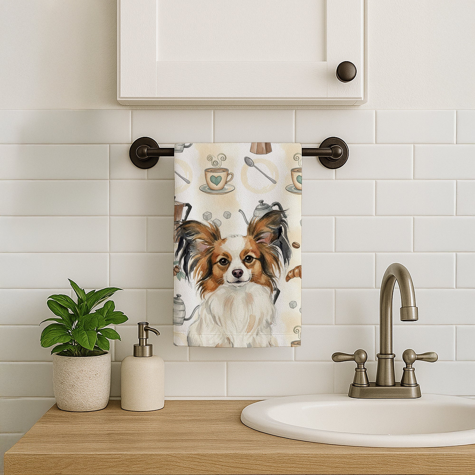 White with Sable Papillon Coffee Bar Kitchen Towel Velour Plush Front and Cotton Loop Back Machine Washable