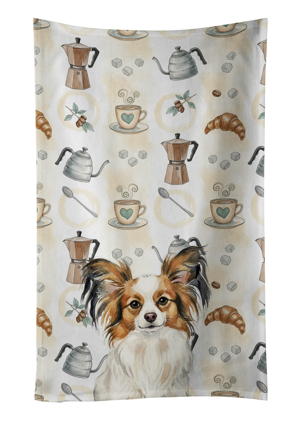 White with Sable Papillon Coffee Bar Kitchen Towel Velour Plush Front and Cotton Loop Back Machine Washable