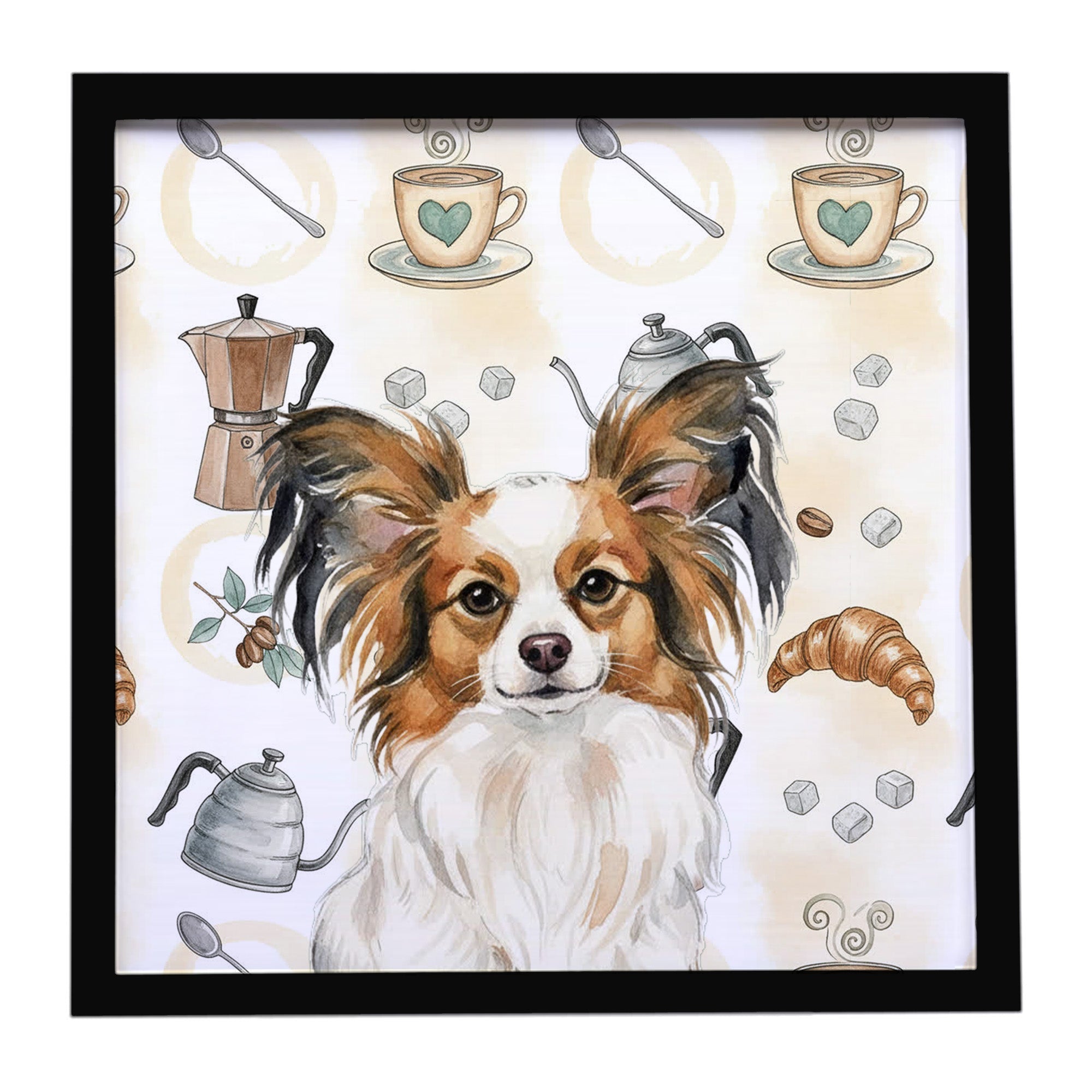 White with Sable Papillon Coffee Bar Framed Metal Print Bathroom, Kitchen, Office, Home Decor Wall Art Ready to Hang, Square, 8X8