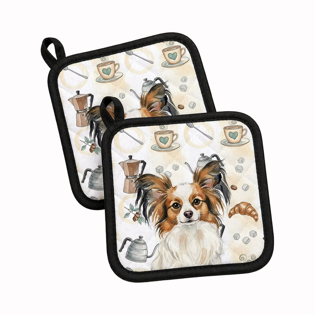 White with Sable Papillon Coffee Bar Pot Holder Set of 2 Heat Resistant Quilted Hot Pads 7.5 x 7.5 Inch, Insulated Kitchen Trivets for Cooking & Baking