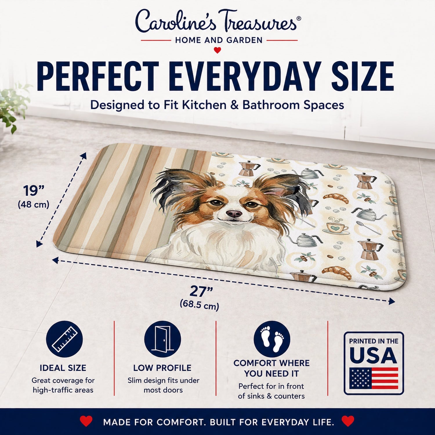 White with Sable Papillon Coffee Bar Memory Foam Kitchen Mat Machine Washable Anti-Fatigue Cushion Comfort Bath or Kitchen Rug