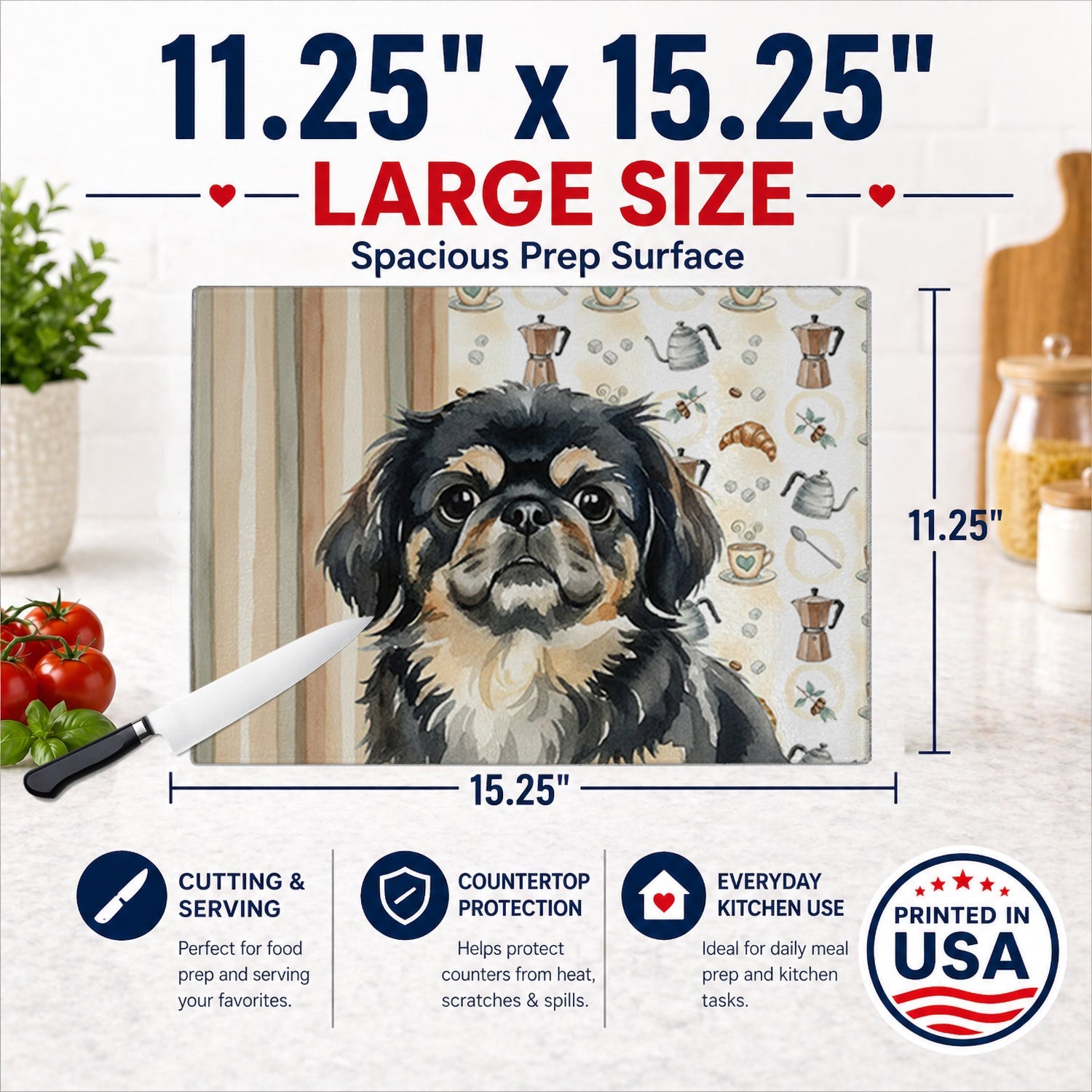 Black and Tan Pekingese Coffee Bar Cutting Board Tempered Glass Kitchen Cutting Surface, Heat Resistant Chopping, Non-Slip Feet, Food Prep & Serving