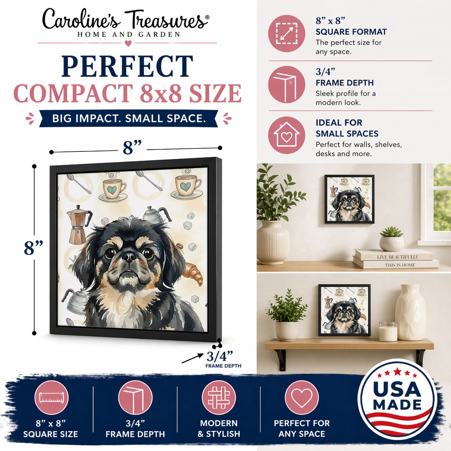 Black and Tan Pekingese Coffee Bar Framed Metal Print Bathroom, Kitchen, Office, Home Decor Wall Art Ready to Hang, Square, 8X8