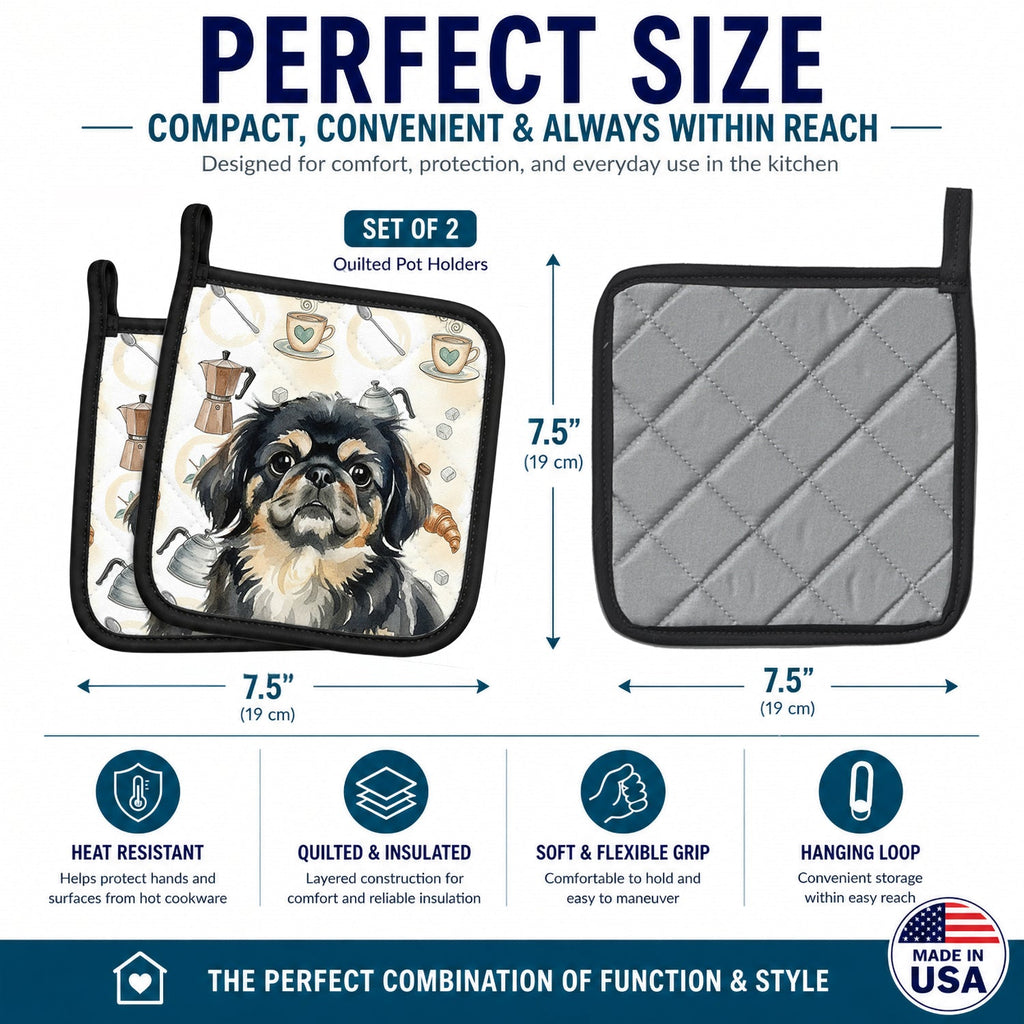 Black and Tan Pekingese Coffee Bar Pot Holder Set of 2 Heat Resistant Quilted Hot Pads 7.5 x 7.5 Inch, Insulated Kitchen Trivets for Cooking & Baking