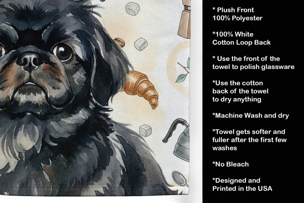 Black Pekingese Coffee Bar Kitchen Towel Velour Plush Front and Cotton Loop Back Machine Washable