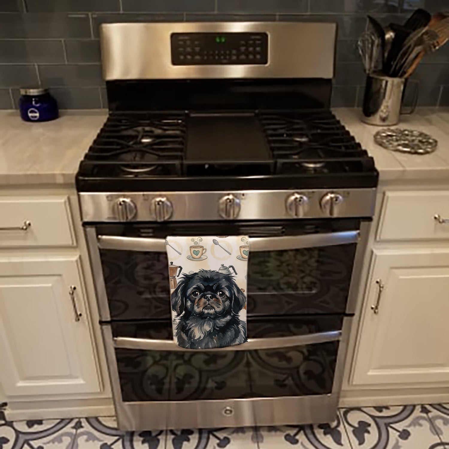 Black Pekingese Coffee Bar Kitchen Towel Velour Plush Front and Cotton Loop Back Machine Washable