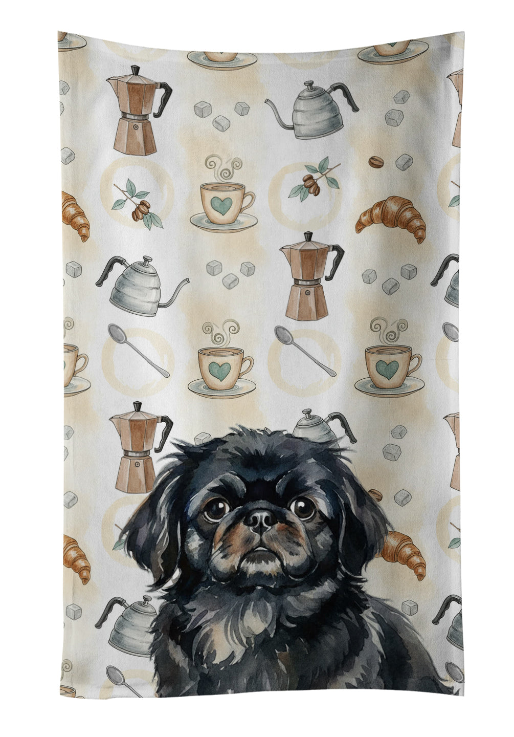Black Pekingese Coffee Bar Kitchen Towel Velour Plush Front and Cotton Loop Back Machine Washable