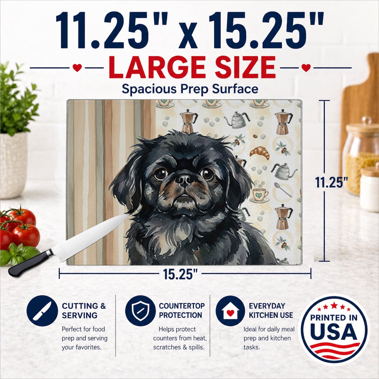 Black Pekingese Coffee Bar Cutting Board Tempered Glass Kitchen Cutting Surface, Heat Resistant Chopping, Non-Slip Feet, Food Prep & Serving
