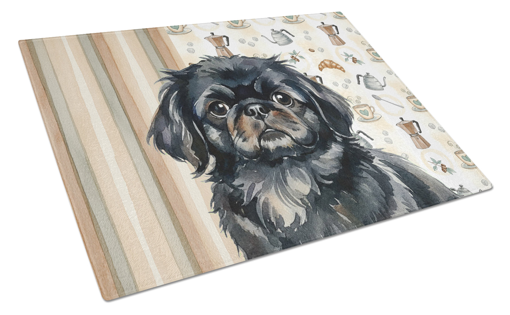 Black Pekingese Coffee Bar Cutting Board Tempered Glass Kitchen Cutting Surface, Heat Resistant Chopping, Non-Slip Feet, Food Prep & Serving